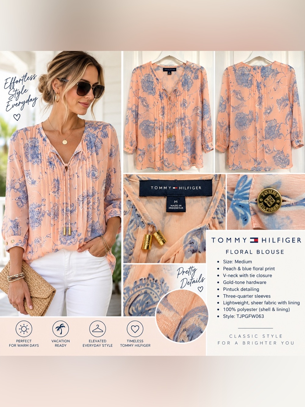 Tommy Hilfiger Peach Blue Floral Boho Blouse Medium Sheer Tie Neck